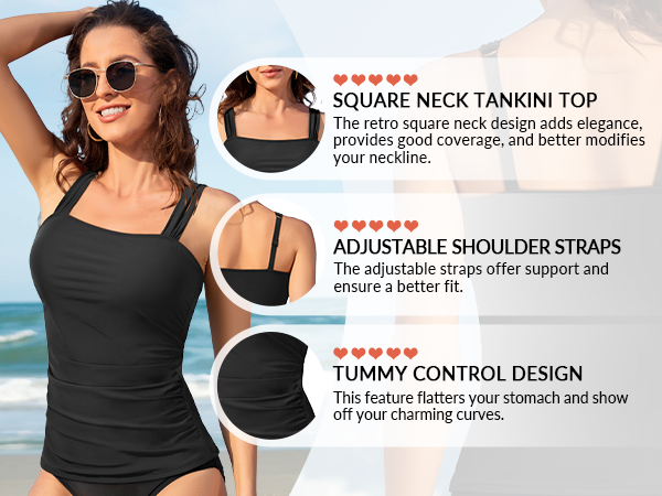 black tankini top tummy tankini swim tankini top square neck swim top swim tank top swimsuit top 