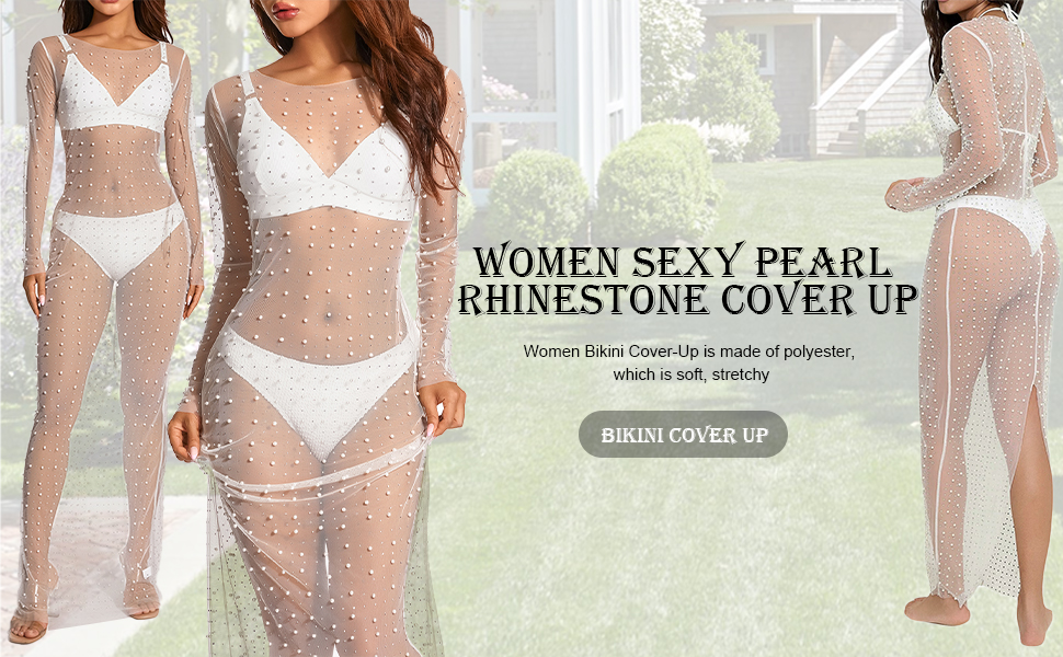 Women Bikini Cover Long Sleeve Dress with Pearl Decoration