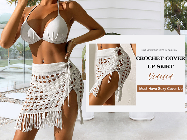 Women High Waist Cutout Crochet Cover Up Skirt