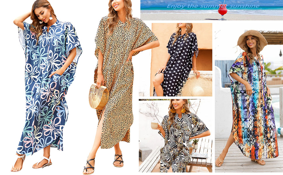 Womens Print Vneck Short Sleeve overized Swimsuit Cover up Caftans 