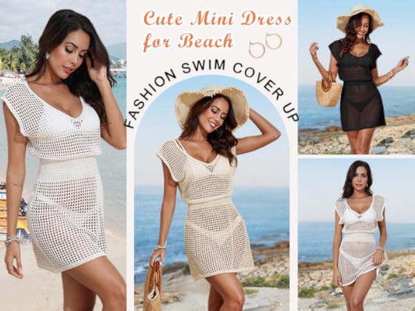 Crochet Hollow Out Bathing Suit Cover Up V Neck Cap Sleeve Elastic Waist 2024 Beach Dress