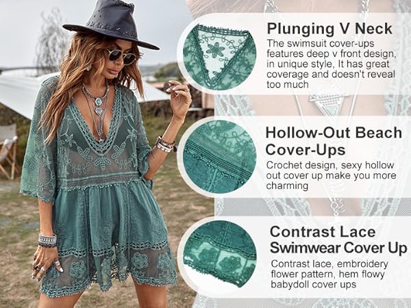 Contrast Lace Bathing Suit Cover Up for Swimwear Women Swimsuit Bikini Cover Up