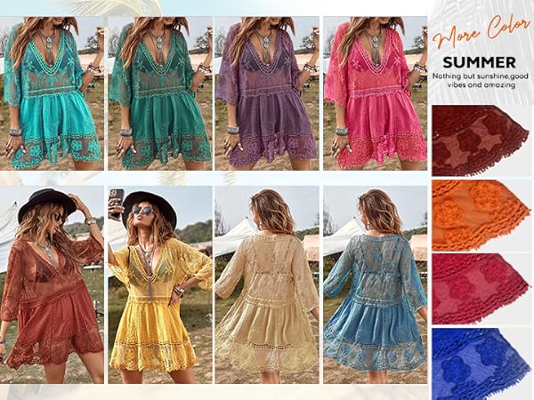 Women''s Contrast Lace Bathing Suit Cover Up V-Neck Coverups Swimwear Beach Dress