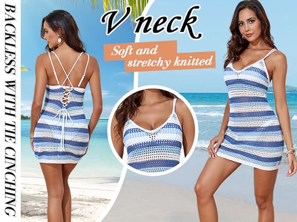 Crochet Cover Up Knit Stripe Bathing Suit Coverup Strappy V Neck Lace Up Beach Dress