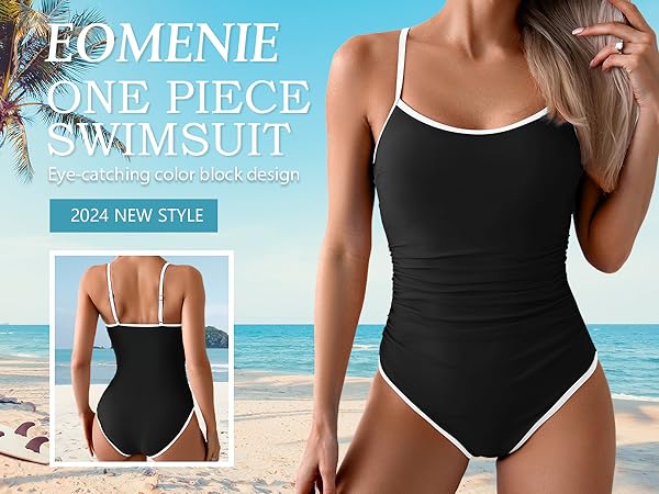 Women&#39;s One Piece Swimsuit Tummy Control Slimming Bathing Suit Color Block Spaghetti Strap