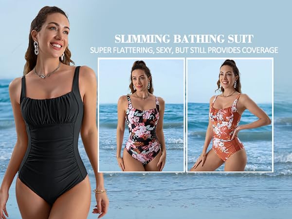 Tummy Control Swimsuits Ruched Slimming Support Full Coverage 1 Piece Swimwear