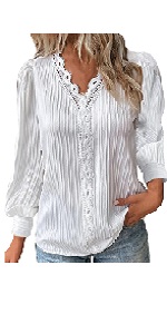 B0D9GV636T Women Shirt Top Jacquard Long Sleeve V Neck Ruffle Trim Blouse Floral Lace Pleated Shirt