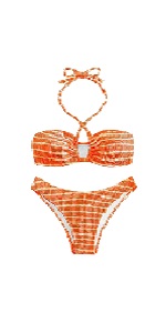 B0DB59BCNQ Womens Fashion Sexy Two Piece Bikini Set Stripe Hollow Out Lace Up Halter Beachwear