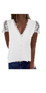 B0D983MBMG Women Casual Blouse Top V Neck Short Sleeve Lace Button T-Shirt Solid Swiss Dot Tee