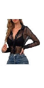 B0D9BKR2RZ Women Sexy Sheer Mesh Splicing Button-Down Blouse Tops Lightweight Beach Cover Up