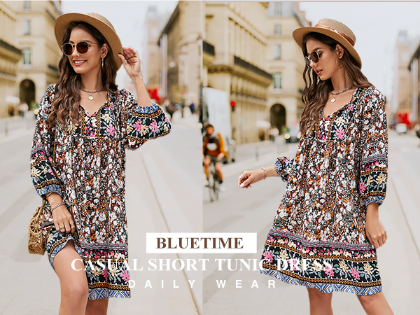 Casual Summer Beach Cover ups Loose V Neck 3/4 Sleeve Dresses Flowy Boho Short Dress