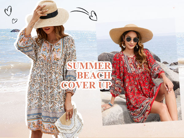 Casual Loose 3/4 Sleeve Tunic Dress V Neck Floral Print Cover up Summer Flowy Dress