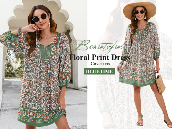 3/4 Sleeve Casual Mini Dress Boho Loose Fit Cover ups Summer Beach Sun Dress