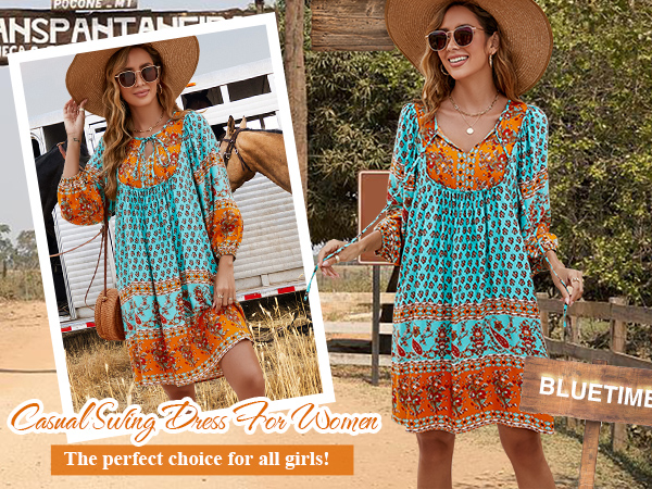 Boho Floral Flowy Dress Swing Swimsuit V Neck Cover up Loose Fit Summer Babydoll Dresses