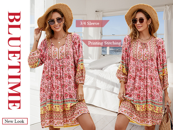 Casual Swing V Neck Dresses Loose Bohemian Printed Cover ups Beach Flowy Summer Dress