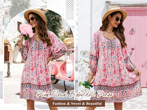 Bohemian Printed 3/4 Sleeve Dress Casual Summer Beach Dress V Neck Tunic Dresses