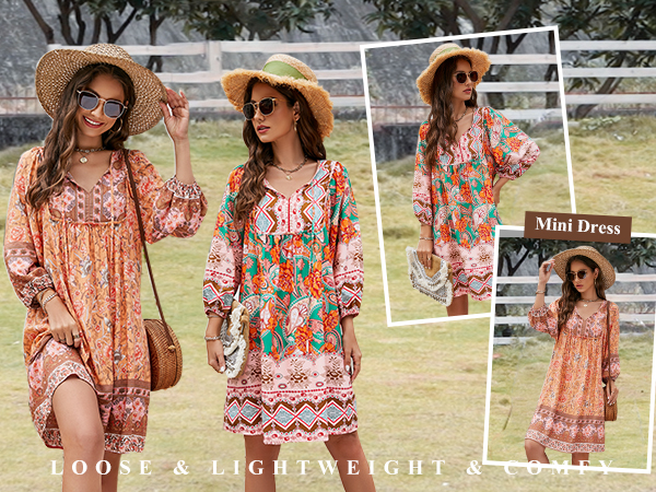 Floral Bohemian 3/4 Sleeve Dress Short V Neck Loose Cover up Beach Casual Flowy Dresses