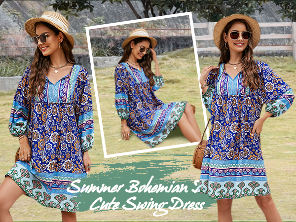 Babydoll Dress Bohemian Dresses Summer V Neck Casual Dress 3/4 Sleeve Floral Beach Dress