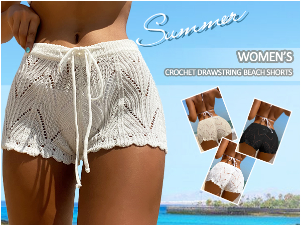 women crochet drawstring beach shorts