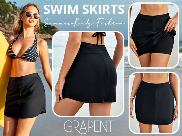 GRAPENT Swim Skirts with pockets high waist bikini bottoms with built-in shorts