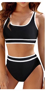 B0D56FB4RV Women''s Sporty Tummy Control High Waisted Color Block Push Up Elastic Fit Bikini