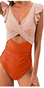 B0D4VZPXF6 Women Ruffled Crossover Cut Out One Piece Swimsuit Push up Tummy Control Bathing Suit