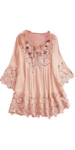 B0D6K821ZM Women Summer Vintage Tops Lace Bohemian Tunic Blouses Floral Print Short Sleeve