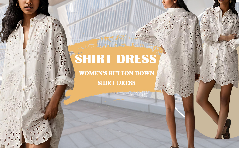 Women''s Oversized Button Down Shirt Dress Eyelet Tops Beach Cover Up Shirt Long Sleeve Shirt