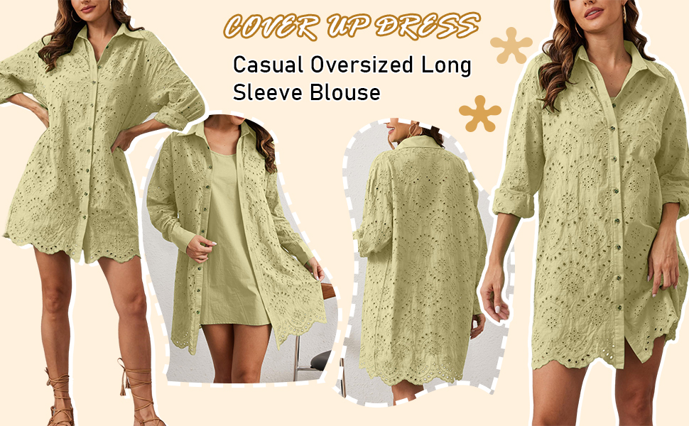 Women''s Oversized Button Down Shirt Dress Eyelet Tops Beach Cover Up Shirt Long Sleeve Shirt