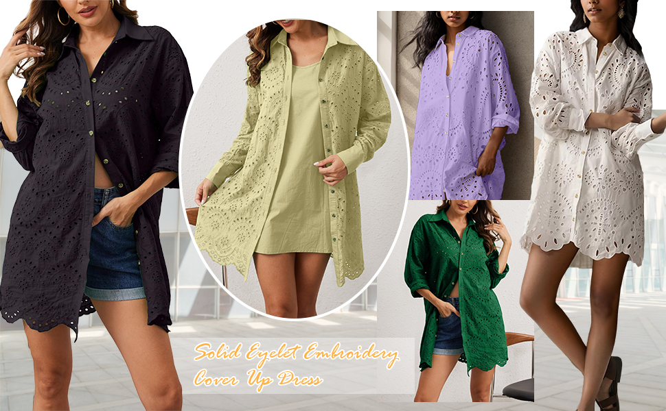 Women''s Oversized Button Down Shirt Dress Eyelet Tops Beach Cover Up Shirt Long Sleeve Shirt