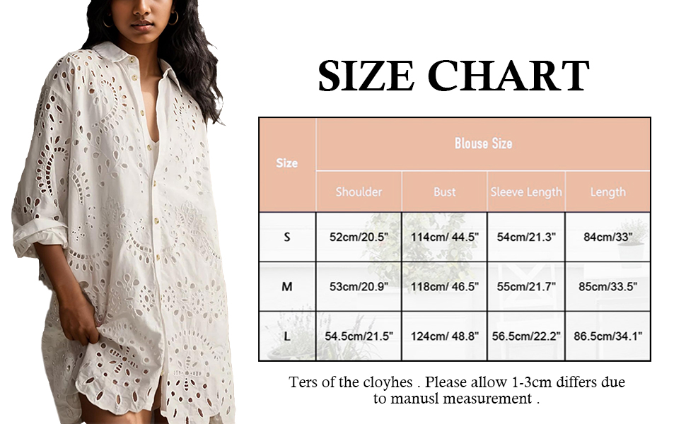 Women&#39;s Oversized Button Down Shirt Dress Eyelet Tops Beach Cover Up Shirt