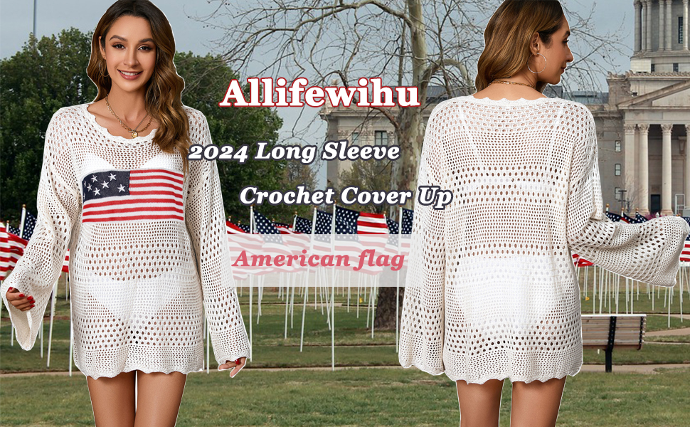 Allifewithu Long sleeve swimsuit coverup for swimwear women american flag knit mini dress