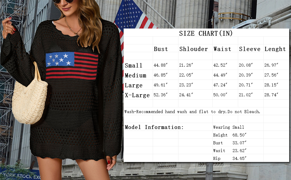 Allifewithu American flag bathing suit cover up for women long sleeve knit mesh crochet mini dress