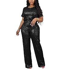 Sequin 2 Piece Outfit for Women Sparkle Wide Leg Pants Set Crew Neck Top Shiny Clubwear