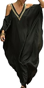 Batwing Sleeve V Neck Off Shoulder Turkish Kaftan Loose Beachwear Bikini Cover Up Maxi Dress Black