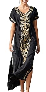 Women Turkish Embroidery Short Kimono Sleeve Flroal Swimsuit Cover Up Beach Maxi Kaftan Dress