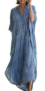 Womens Loose Striped Button Down V Neck Kimono Sleeve Long Kaftan Beachwear Cover Up Maxi Dress