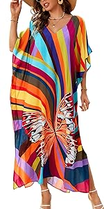 Butterfly Rainbow Striped Kaftan V Neck Side Split Beach Caftan Dress