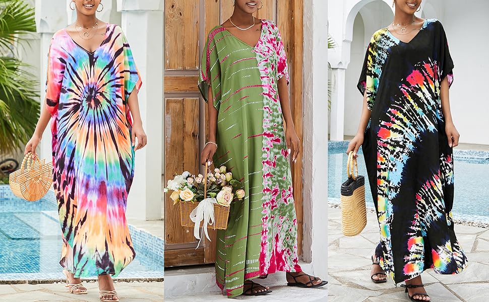 Women Kaftan Sleeve Tie Dye Striped Print V Neck Side Split Loose Beach Caftan Maxi Dress