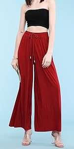 Womens Pleated Wide Leg Palazzo Maxi Pants with Drawstring or Elastic Band