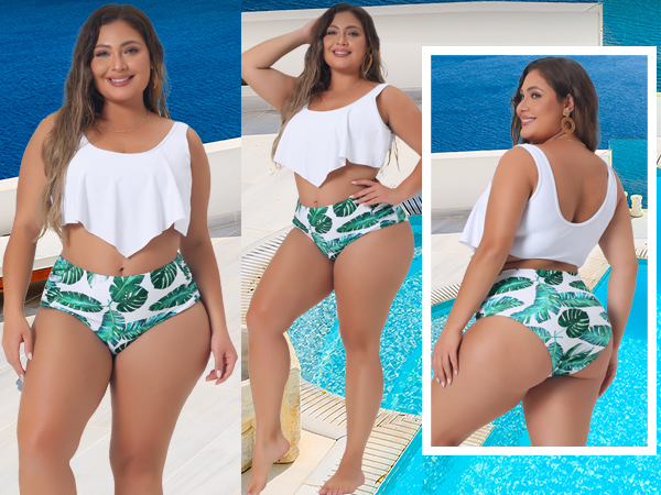 Agnes Orinda Plus Size Bikini Swimsuit for Women V Neck Floral Ruffles Tank Top Tankini