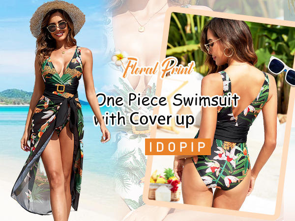 Women Leaves Floral Print One Piece Swimsuit with Cover up Skirt Beach Sarong Two Piece Bathing Suit