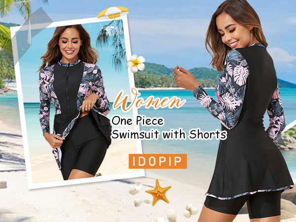 Women One Piece Floral Long Sleeve Rash Guard Swimsuit Swim Dress with Beach Shorts Bathing Suit