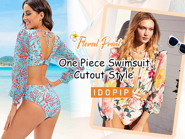 Women Floral Print One Piece Swimsuit Sexy Cutout Backless Monokini Swimsuit Bathing Suit