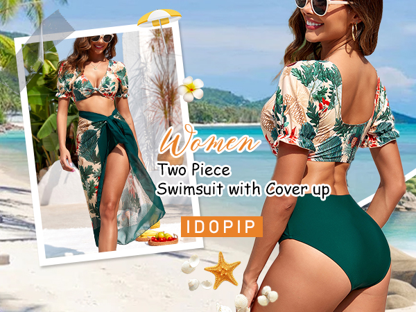 Women Leaves Floral Print One Piece Swimsuit with Cover up Skirt Beach Sarong Two Piece Bathing Suit