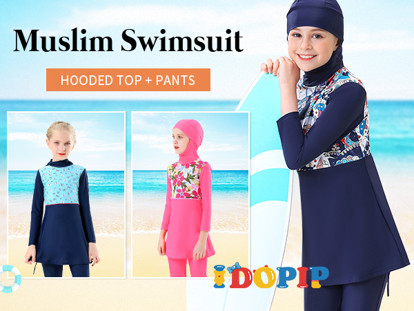 Muslim Girls Swimsuit Long Sleeve Islamic Burkini Swimsuit Tops Pants with Hijab Bathing Suit