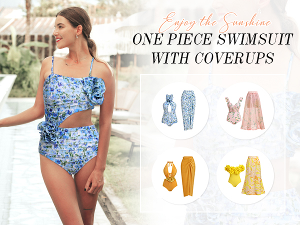 Women''s One Piece Swimsuit with Beach Cover up Skirt Sarong Floral Bikini Set Two Piece Bathing Suit