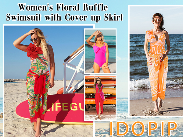 Women‘s One Piece Swimsuit with Beach Cover up Wrap Skirt  Floral Bikini Set Two Piece Bathing Suit