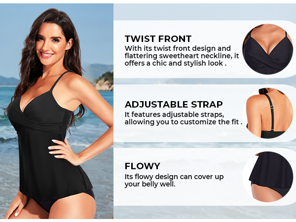 Women Underwire Tankini Top Only Twist V Neck Swimsuit Top Flowy Bathing Suit Top No Bottom