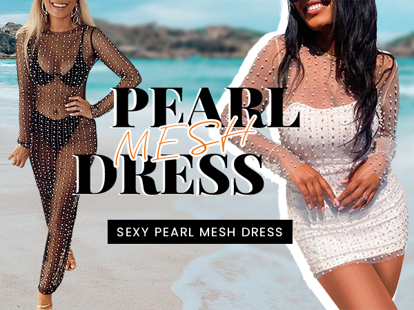 womens pearl mesh dress sexy swimwear cover ups